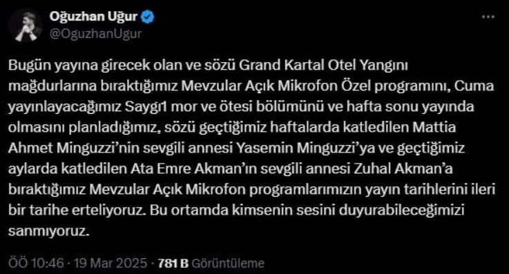 oguzhan ugur tum yayinlarini durdurdu sebebi ne cikti 3